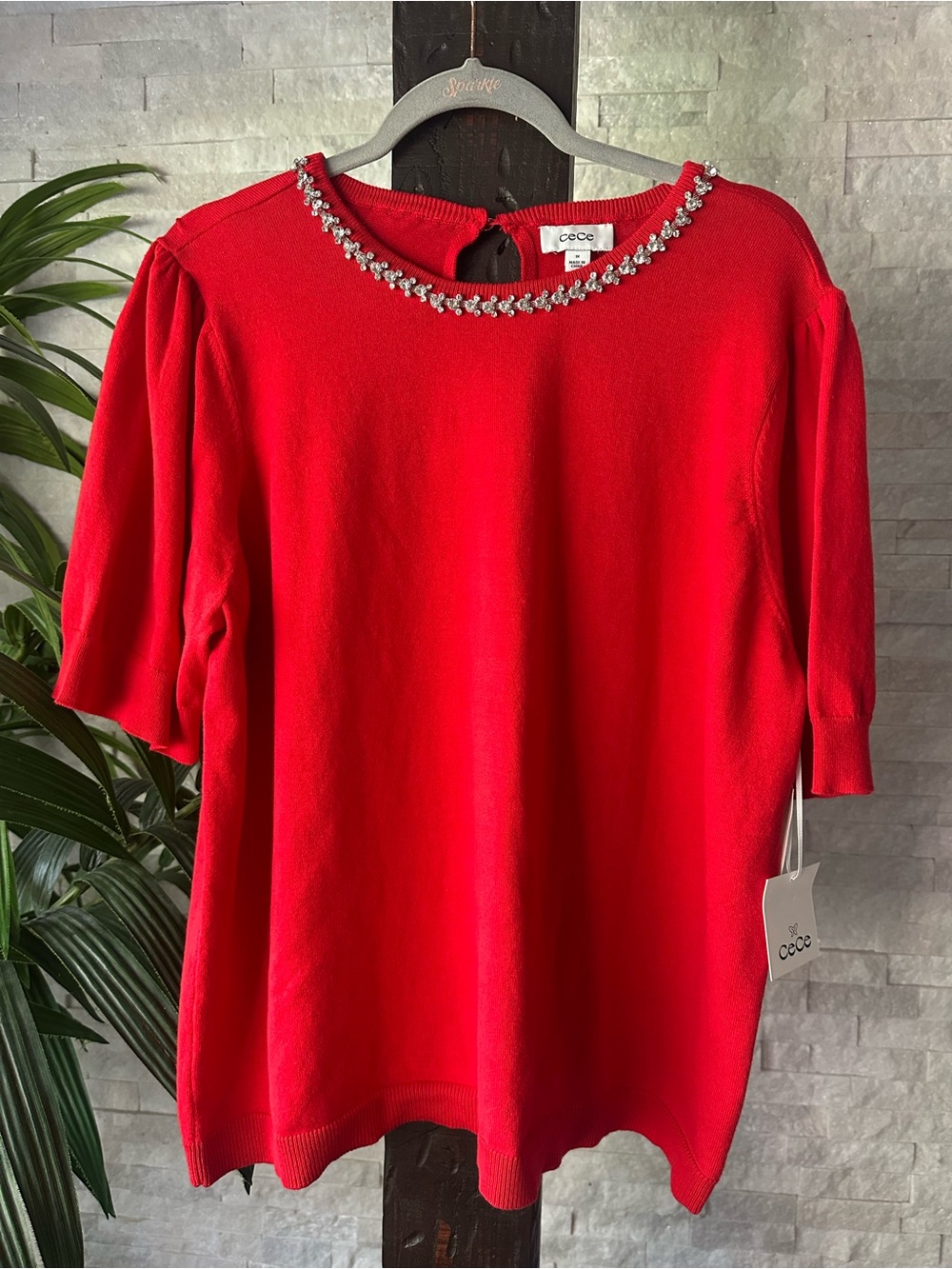 CECE Bright Cherry Jewel Collar Short Sleeve Sweater Size 1X New with Tags